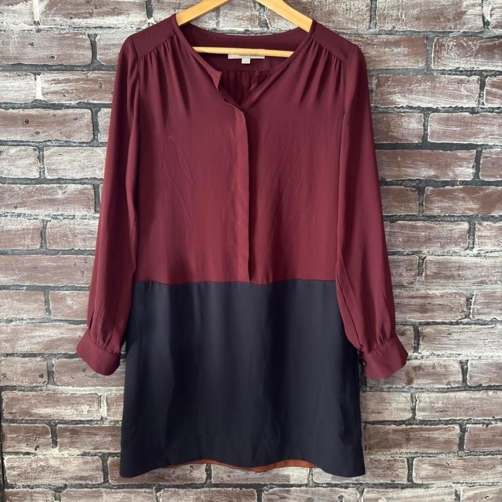 LOFT Blouse Dress Women XS Burgundy Navy Colorblock Long Sleeve Career Top